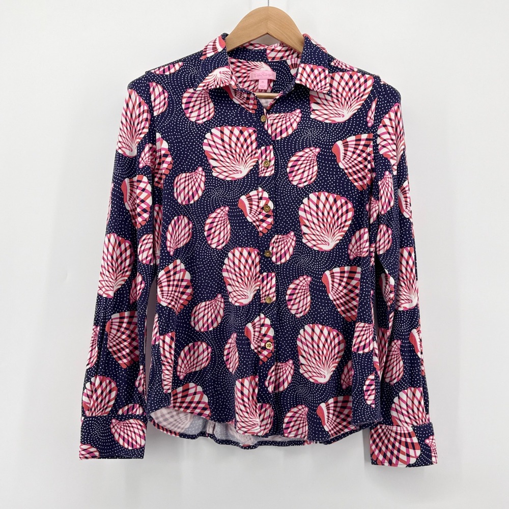 Lilly Pulitzer Elsa Stretch Knit Great Escape Seashell Print‎ Button Up Shirt XL